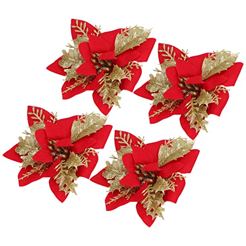 plplaaobo 4pcs Fleurs d'arbre de Noël, Fleurs artificielles de Paillettes d'arbre de Noël de Poinsettia Rouge doré avec de la Poudre d'or Cover