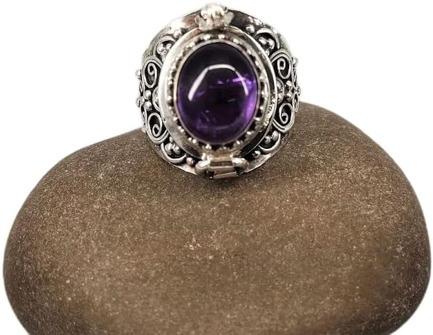 Natural Amethyst Ring, Poison Box Ring, Silver Plated, Medicine Ring, Vintage Box Ring, Openable Poison Ring, Locket Ring, Boho Ring, Bridesmaid Gifts Ring, Poisoner Ring, Cabochon Amethyst Jewelry