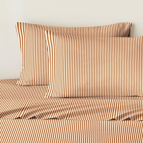 Image of Wake In Cloud - Striped Bed Sheets, 4-Piece Sheet Set, Ticking Vertical Pin Stripe Modern Farmhouse Pattern Printed Bedding, Deep Pocket, Burnt Orange, Full Size