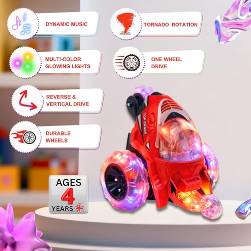 Image of Gooyo GY-0242 Rechargeable Stunt Car Toy for Kids with Tornado Rotation, Reverse Drive Function, Demo Mode, Lighting Effect & Music | Remote & USB Included | Power Source: in-Built Battery | Red