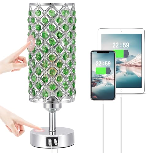 Hong-in Green Crystal Table Lamp - 3-Way Dimmable Touch Control, Bedside Lamp with USB C and A Ports, Nightstand Light for Living Room, Bedroom, Home Office (Bulb Included)