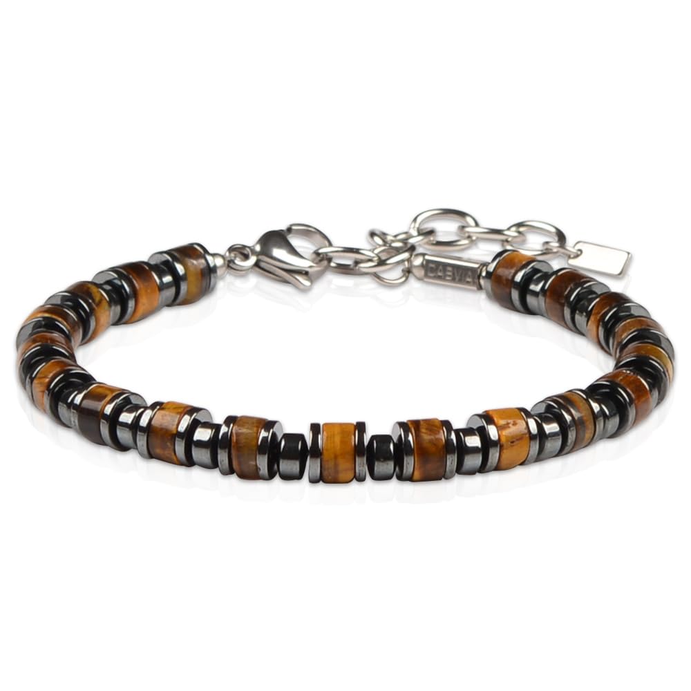 Casvia Men's Tiger Eye & Hematite Beaded Bracelet, Adjustable Stainless Steel Chain, Handmade Gift for Dad, Husband, Boyfriend