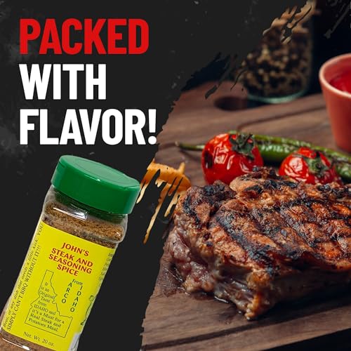 Image of John's Steak and Seasoning Spice, Original Flavor Steak Seasoning for Grilling, Pork Chops, Steaks, Burgers, Chicken, Seafood, Potatoes, and More, Gluten-Free, MSG-Free, Idaho-Made, 20 oz