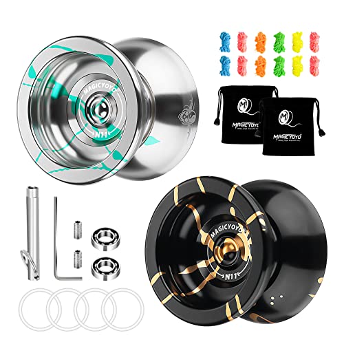 Image of MAGICYOYO N11 Professional Unresponsive Alloy Aluminum YoYo Ball with 2 Bags + 12 Strings, Responsive Bearings Kit (Silver Green + Black Golden)
