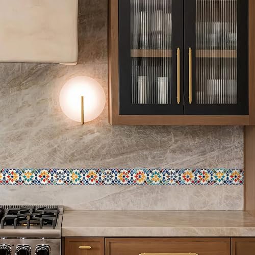 Image of WallDesign Turkish Mosaic Stone Self-Adhesive Tile Border - 4 Inch x 10 Feet, Glossy Vinyl Roll for Kitchen Backsplash, Bathroom, Cabinet, Door, Furniture & DIY Decor