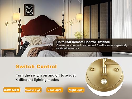Image of Plug in Wall Sconces with Remote Control, Dimming 10%-100% & Adjustable Colors 2700K-6500K, Hardwire or Plug-in, Swing Arm Wall Lamp with White Fabric Shade, Wall Sconces Set of Two, Gold Finish