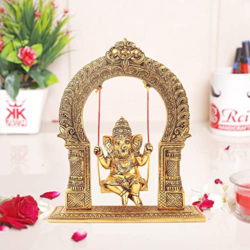 Image of KridayKraft Ganesh ji dori jhula Idol, Ganpati Idol on Swing jhula for Temple Pooja, Ganesh Metal Statue Home, Office & Table Decorative, Religious Showpiece Figurines