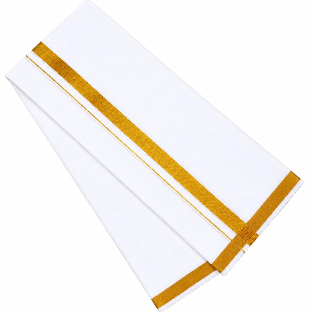 100% Pure Cotton Men's White & Cream Dhoti | Gold & Silver Border | 3.65 Mt-image-41