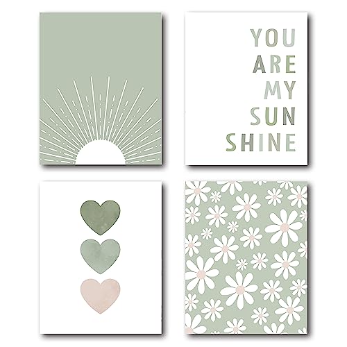 Image of XWELLDAN Boho Sage Green Sun You Are My Sunshine Daisy Flower Heart Poster Wall Art Prints,Boho Gifts for Girls,Bohemian Wall Art Decor for Baby Girls Room Nursery,8 x 10 Inch Set of 4 Prints,Unframed