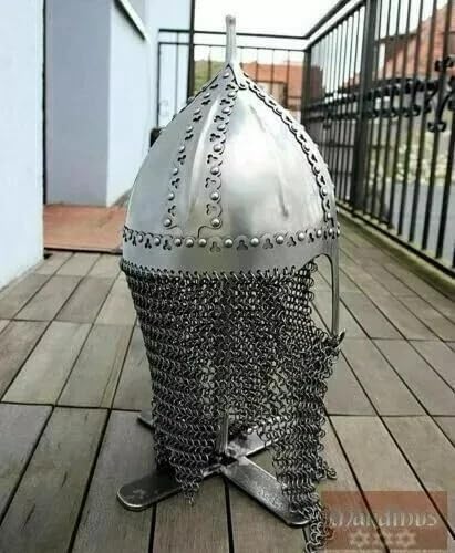 18GA Steel Medieval Norman Viking Knight Helmet with Chainmail | Chainmail Included, Adult Unisex, Wipe Clean Care, Costume Replica, Medieval Style
