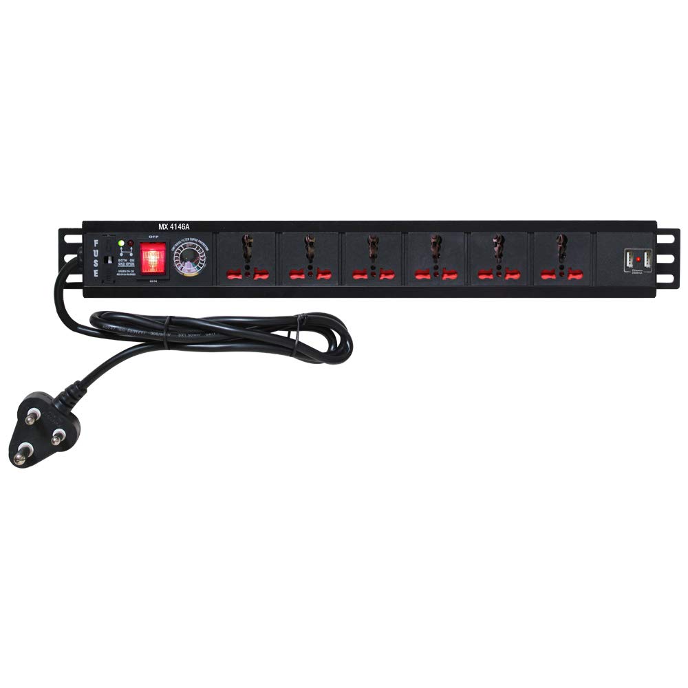 mx surge protector 6-outlet power strip universal socket with 2 usb ports (2.1a) child safety shutters, switch, led indicator, 16a, 1.5m cable