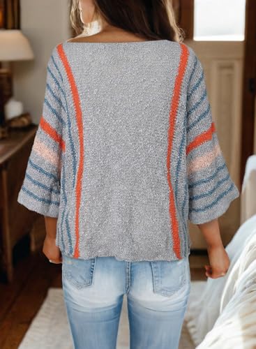 Image of Dokotoo Womens 2026 Spring Summer Casual Crewneck 3 /4 Sleeve Striped Lightweight Knit Trendy Boho Tops Pullover Sweaters