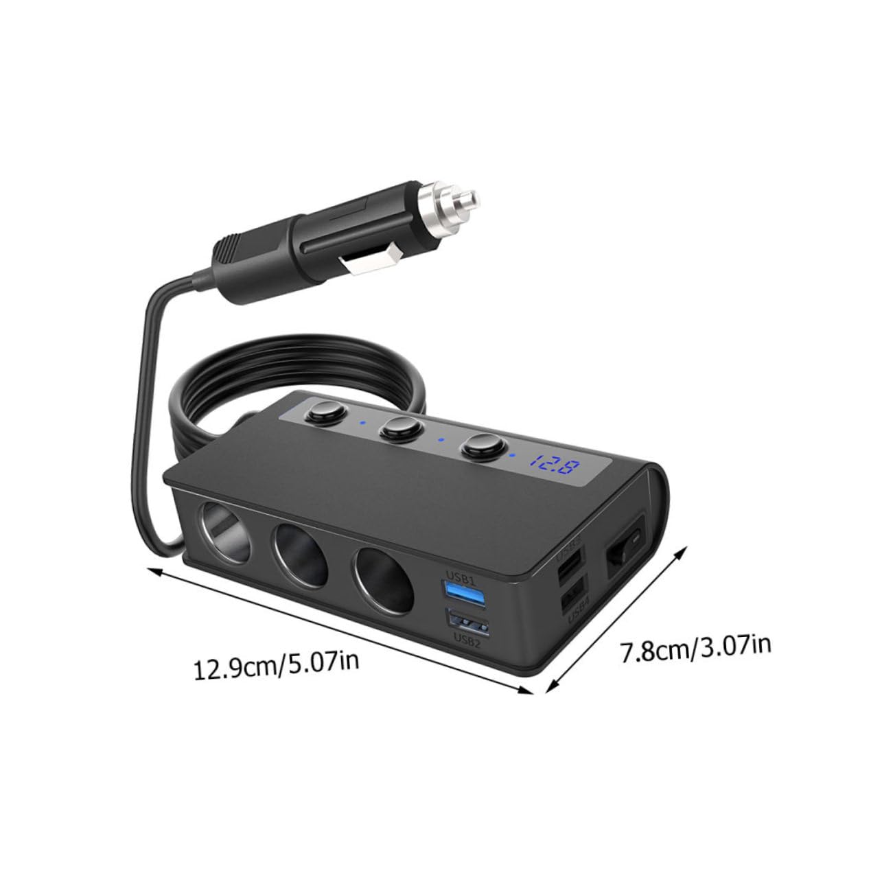 Mikinona Cargador de Mechero para Coche 180w, 4 Puertos USB, Adaptador Divisor Interruptor Independiente, Indicador Led, para Coche