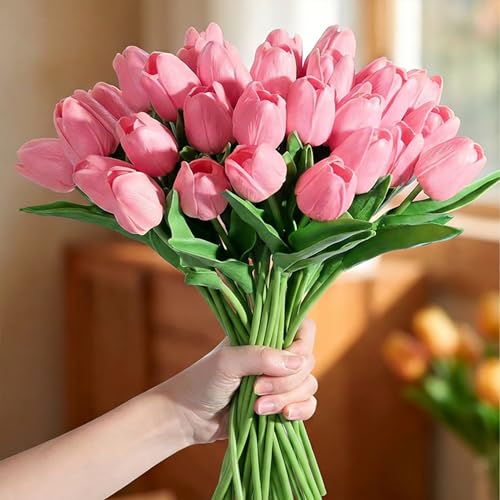 Image of 20Pcs Stems 13.5 Inch Deep Pink PU Artificial Moisturizing Tulips, Faux Tulips Flowers for Thanksgiving Christmas Decorations Wedding Home Table Vase Floral Arrangements
