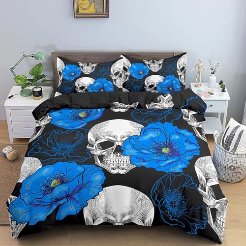 NUEYSP Funda Nordica Cama 135 Calaveras y Flores Infantil Fundas Nordicas Cama 135 para Juvenil con Cremallera Cómodo Microfibra Fundas Nordicas 200x220 cm + 2 Funda de Almohada 50x75 cm