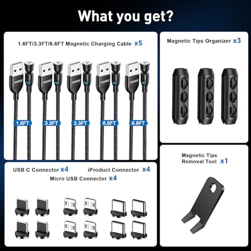 ODDADD Magnetic Charging Cable 5-Pack (1.6/3.3/3.3/6.6/6.6FT), 540° Rotating Magnetic Phone Charger Cable with LED Light for Micro USB, USB C and i-Product Device by ODDADD - Image 7