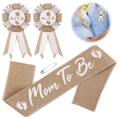 3 Stück Mom to Be Schärpe mit Mom to Be Daddy to Be Abzeichen Baby Shower Set Boho Babyparty Dekorationen für Schwangerschaft Mutterschaft Shoot Requisiten