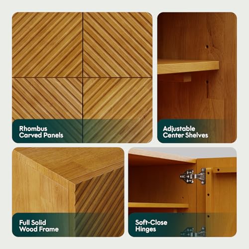 Image of Bme Rhombus Wooden TV Stand with Storage Cabinets - Solid Rubber Wood, Geometric Rhombus Pattern Doors, Scandinavian Modern Entertainment Console with Metal Base
