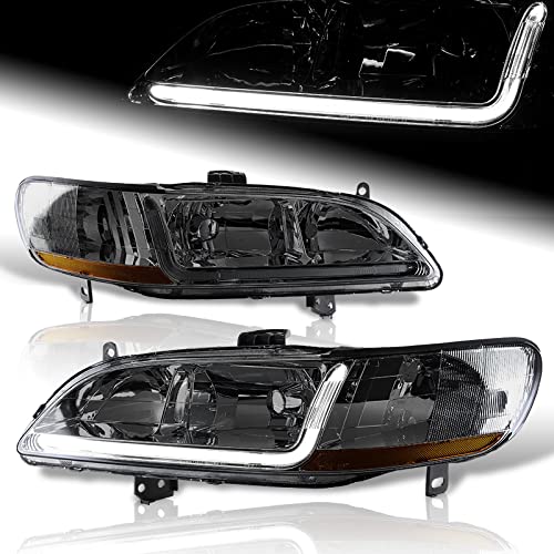 EPARTS 2PCS DRL LED Headlight Lamp Compatible with Honda Accord 1998 1999 2000 2001 2002 (Chrome Housing Smoke Lens Amber Reflector)