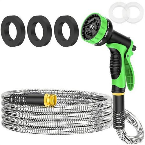 Metal garden water pipe, stainless steel flexible water pipe - non twisted heavy,rust and puncture resistant, suitable for courtyards and lawns (25FT)