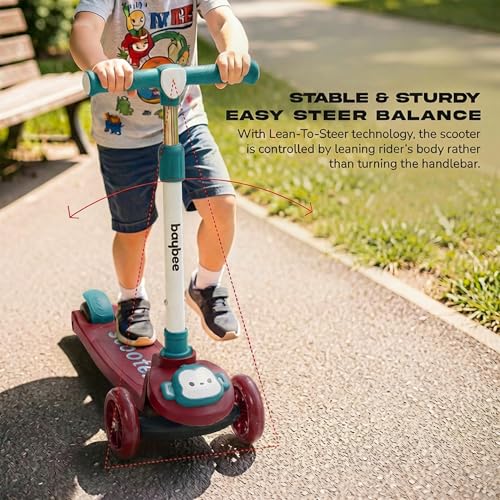 Image of Baybee Rovix Kick Scooter for Kids | Foldable Skate Scooter with 3 Height Adjustment Handle & LED Light Wheels | 3 Wheel Baby Scooter with Rear Brake | Kids Scooter for 2 to 10 Years Boy (RED /Green)
