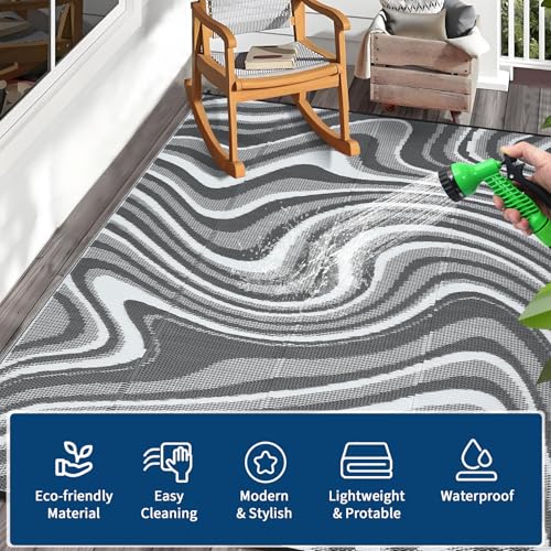 Image of Garvee Waterproof Outdoor Rug 10x14 Abstract Outdoor Camping Rug, Grey