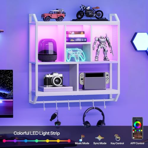 Image of HOOBRO Gaming Floating Shelves with LED Lights, 28.7 inch LED Wall Mounted Shelf, 3-Tier Display Rack for Wall Storage, Floating Rack with Hanging Rod and 6 S-Hooks, for Gaming Room, White WT70DBJ01