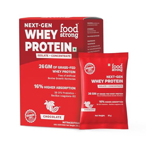 Image of Foodstrong Next-Gen Whey Protein Isolate + Concentrate, 100% Hormone Free Grass-Fed Whey, 26G Protein, Chocolate (Cacao), With Turmeric, Probiotics & Natural Digestive Enzymes For Easy Digestion, 6 Sachets, 210G