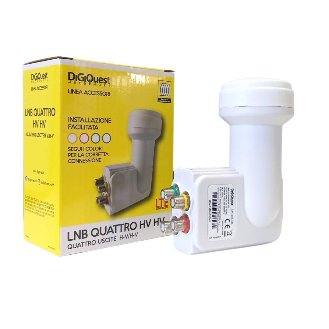 Kit LNB Quattro + Switch 9/16 Per 2 Satelliti – Fino A 16 Partecipanti, Per 4K UHD, Con Connettori F Dorati
