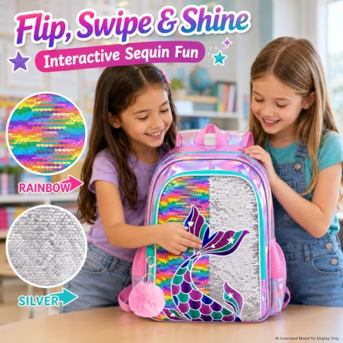Image of 3Pcs Mermaid Girls Backpack, 16 inch Sequin Fish Tail Bookbag Set for Kids, Elementary Preschool Preschool School Backpacks with Lunch Box (Rainbow)