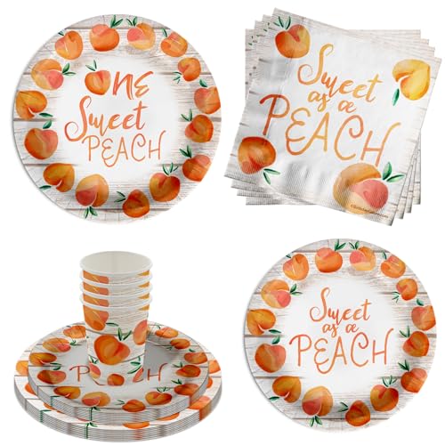 One Sweet Peach 1st Birthday Party Supplies - 64 Piece Girls First Birthday Tableware Set Includes Large 9" Dinner Plates and 8" Dessert Paper Plates Napkins Cups - Kit for 16