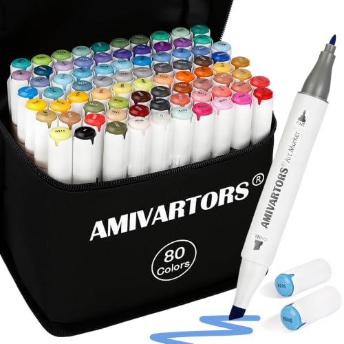 AMIVARTORS Alcohol Markers 80 Colors, Chisel&Fine Tips for Adult Coloring