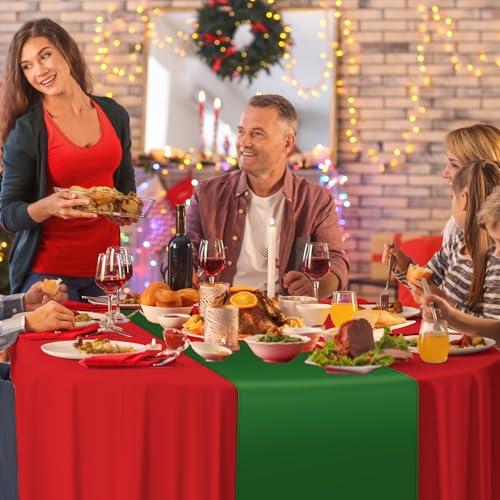 Image of 12Pack 12x108Inch Satin Table Runner and 84Inch Round Plastic Tablecloths Set Christmas Red and Green Disposable Table Cloth Cover for New Year Christmas Wedding Holiday Anniversary Party Decorations