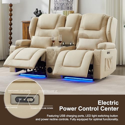 Image of DRMBOOK RV Power Loveseat Recliner Sofa, Leathaire Fabric Wall Hugger Reclining Sofa with Console, Home Theater Seating Chair with Cup Holder, 2 Person Couch RV Furniture for Living Room, Beige