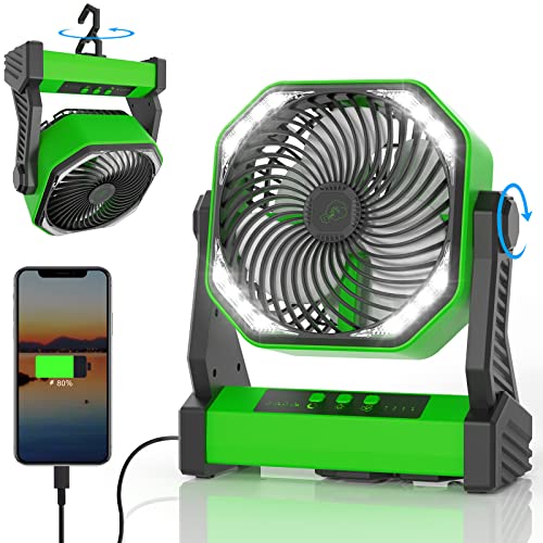 Gewanolla Ventilador portátil recargable con luz LED, ventilador de campamento alimentado por batería de 20000 mAh con gancho, pivote de 270°, 4 velocidades, ventilador de mesa USB para camping,