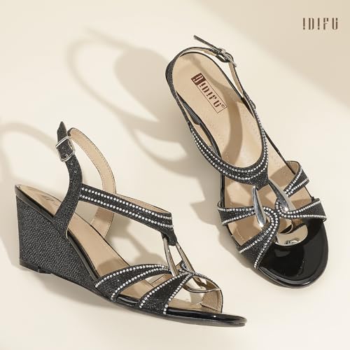 IDIFU IN2 Wedge Sandals Rhinestone Sparkly Strappy Wedge Heels with Mental Ring Comfortable Dressy Wedding Bridal Bride Party Dress Shoes for Women Low Heel Fashion Cute Bling Dress Sandals4
