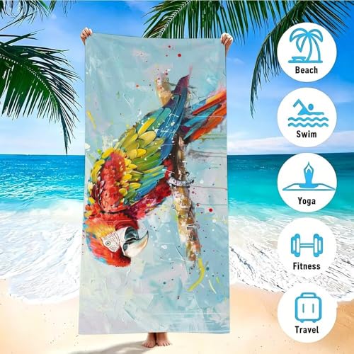 Duushuait Duży ręcznik plażowy z mikrofibry 100 x 200 cm niebieska papuga ręcznik gimnastyczny szybkoschnący, antypiaskowy, chłonny, cienkie i kompaktowe ręczniki plażowe dla kobiet mężczyzn, podróży