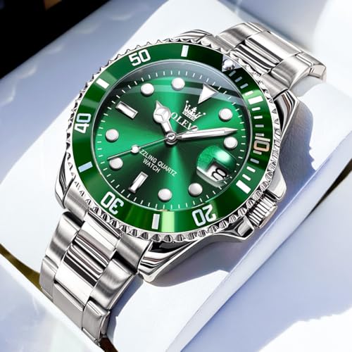 OLEVS Mens Stainless Steel Watch,Big Dial Calendar Watches, Waterproof Quartz Analog Sport Wrist Watch,Green Face Watch Men with Date,Fashion Casual Business Wrisch,Luxury Luminous Watches for Men