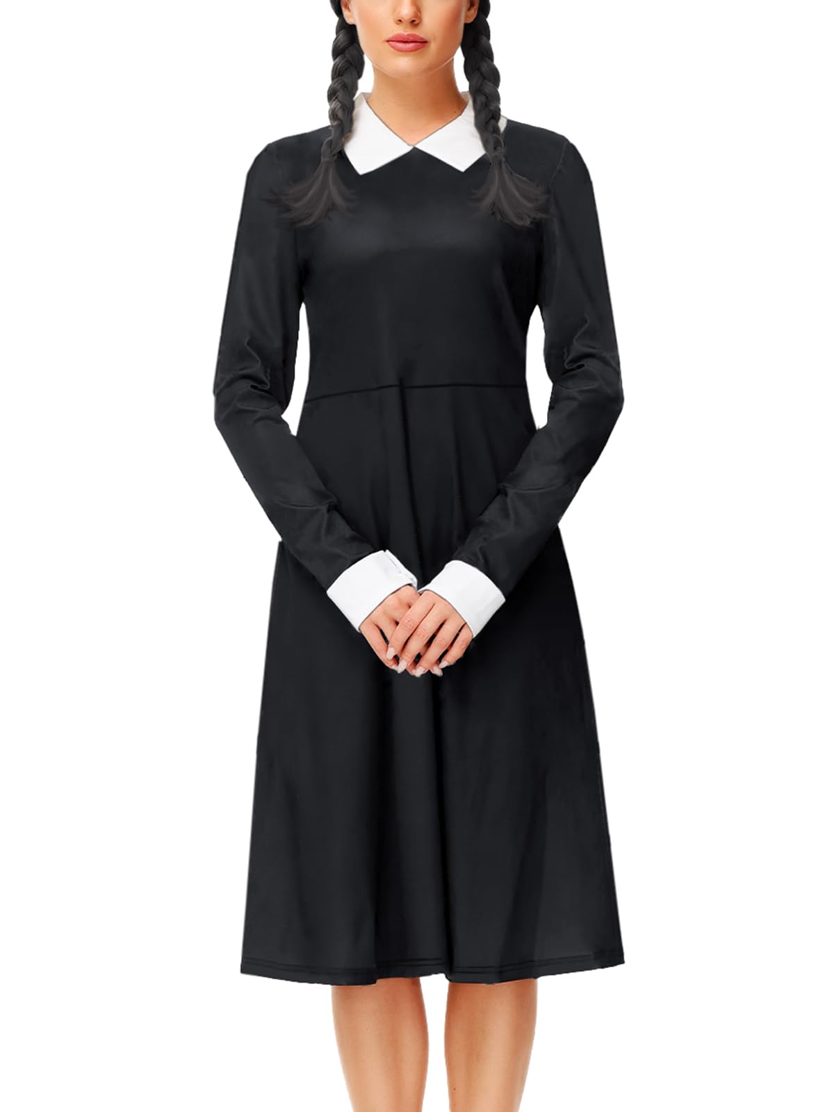 Set De Disfraz De Wednesday Addams Para Mujer – 6 Piezas Con Vestido Negro, Calcetines Hasta La Rodilla Y Mano De Thing, 100% Poliéster, Para Halloween Y Cosplay