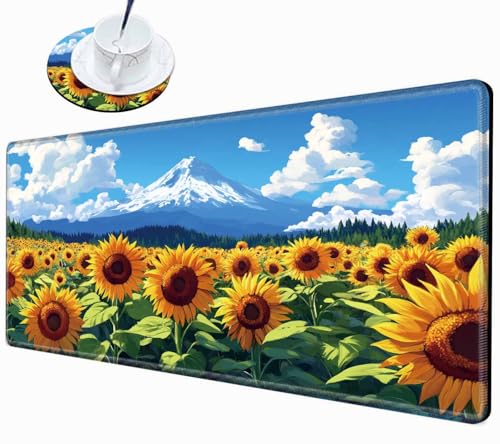 Image of Gaming Mouse Pad Large Mousepad Sunflower Desk Mat XXL Desk Pad 31.5''x15.75'' Computer Mat with Stitched Edge Rubber Base for Work Women Home Office
