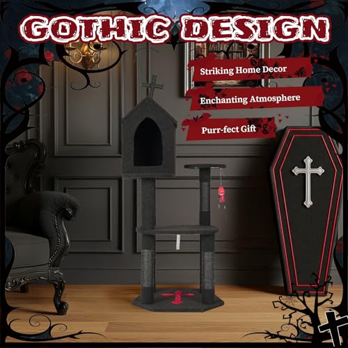 UDeuxff Halloween Gothic Cat Tree Castle, 57in Black Cat Tower with Coffin Bed, Spacious Cats Condo for Halloween, Scratching Posts, Spider Hanging Ball,Goth Pet Furniture