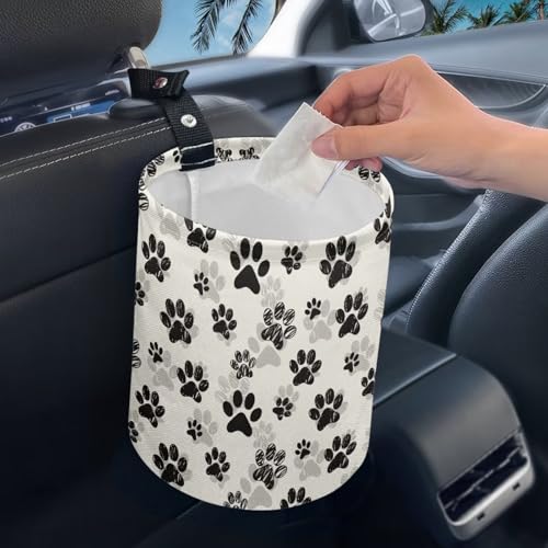Image of Renewold Car Trash Can Car Trash Bag Foldable Hanging Dog Paw Black Beige Trash Bin Garbage Can Adjustable Button Straps Home Office Camping Picnic Beach Storage Organizer Bag Container