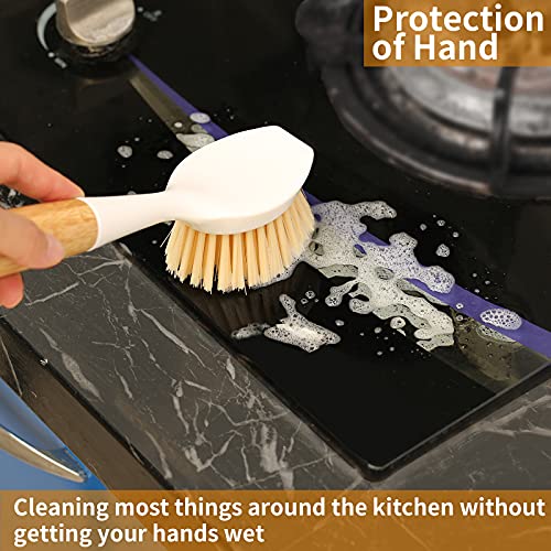 2 Pack Kitchen Dish Brush Bamboo Handle Dish Scrubber Built-In Scraper, Scrub Brush For Pans, Pots, Kitchen Sink Cleaning, Dishwashing And Cleaning Brushes Are Perfect Cleaning Tools, White #TOP7