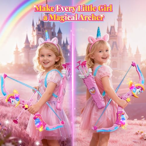 Unicorn Toys for Girls Ages 3-12, 6 Magic Lights BowArrow(Unicorn Horn, Wings, Star, Upper & Lower Arms), Dreamy Quiver & Princess Target, 8 Pink Suction Arrow, Gift for 3 4 5 6 7 8 9 10 Year Old Girl - Image 2
