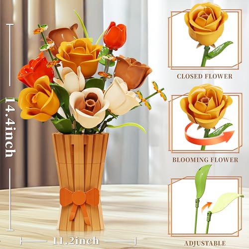 Image of Roses Flowers Set with Vase for Adults, Icon Wildflowers Bouquet Botanical Collection Kits Compatible with Lego Flowers, Artificial Flowers Set for Christmas Valentines Day Gifts Women Girls