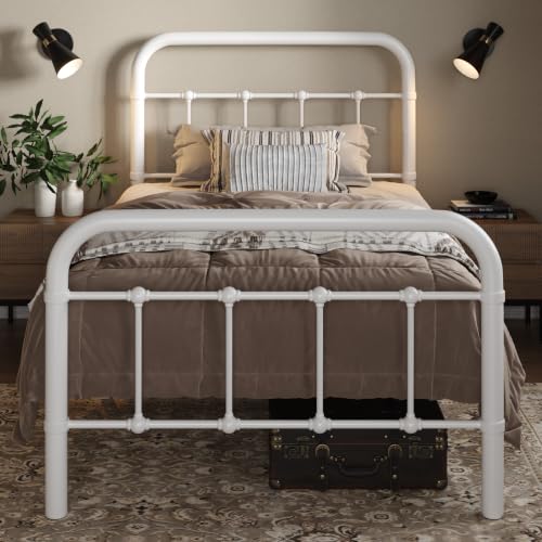 Image of Allewie Twin Size Metal Platform Bed Frame with Victorian Style Wrought Iron-Art Headboard /Footboard, No Box Spring Required, White