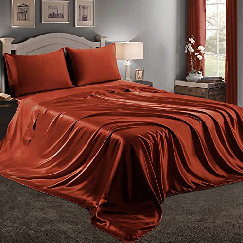 RUDONG M 4 Piece Rust Satin Sheets Queen Size Satin Bed Sheets Set Silky Satin Sheet with 1 Deep Pocket Fitted Sheet+1 Flat Sheet+2 Pillowcases RUDONG M 4 Piece Rust Satin Sheets Queen Size Satin Bed Sheets Set Silky Satin Sheet with 1 Deep Pocket Fitted Sheet+1 Flat Sheet+2 Pillowcases