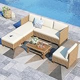 PHI VILLA 5 Pieces Rattan Garden Furniture, 6 Seater L Shaped Outdoor Patio Corner Sofa Set, Wicker Conservatory Sectional Furniture with Coffee Table and Thickened Cushions for Backyard Porch, Beige