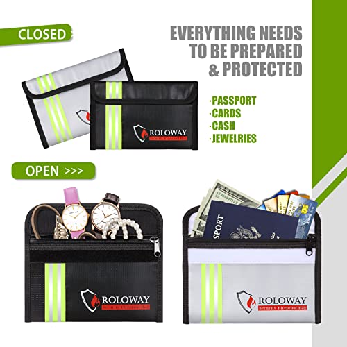 Image of ROLOWAY Small Fireproof Bag (5 x 8 inches) with Reflective Strip, Fireproof Money Bag for Cash, Valuables, Passport, Currency & Keys (2-Pack)