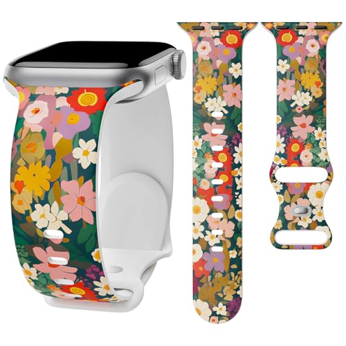 Image of Floral Band Compatible with Apple Watch Bands for Women 40mm 42mm 41mm 38mm 44mm 45mm 46mm 49mm, Cute Pattern Flower Soft Silicone Sport Strap for iWatch Series Ultra 11 10 SE 9 8 7 6 5 4 3 2